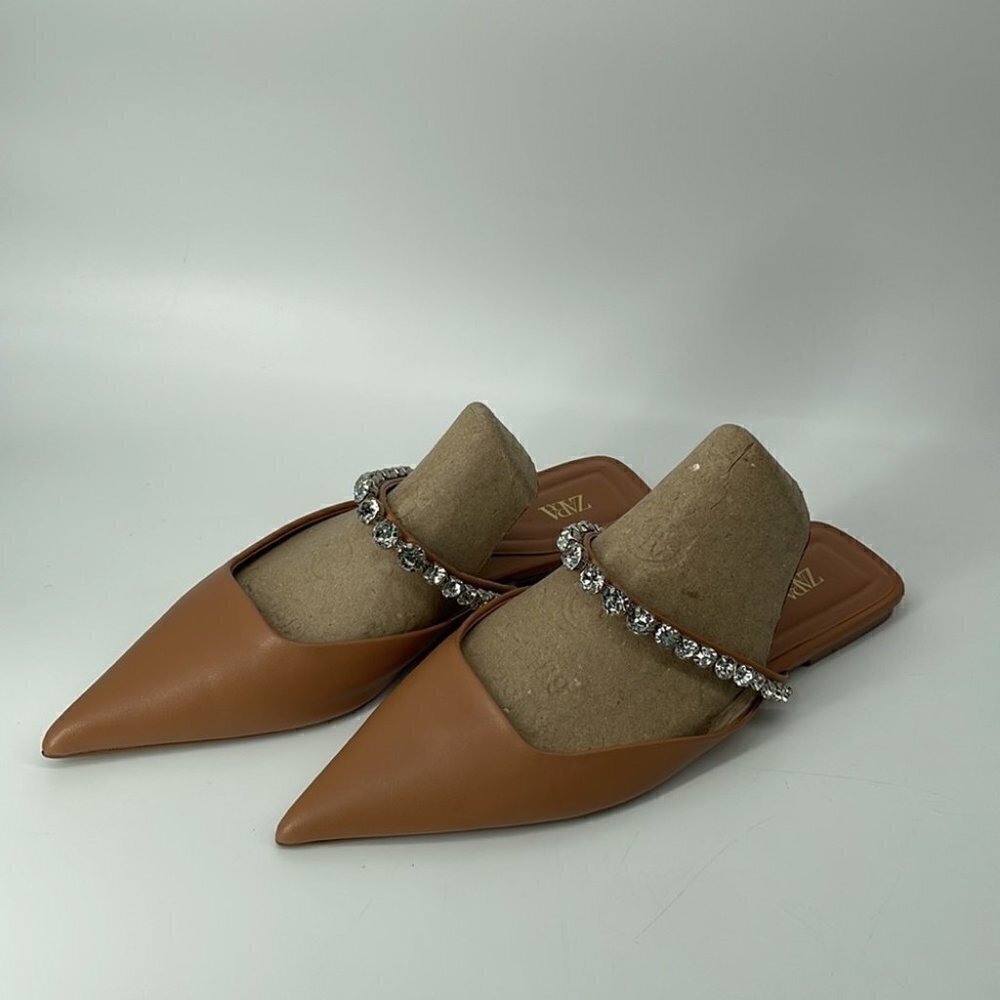 Zara sling back flat point shoes with rhinestones neutral beige brown sz 6 - Picture 7 of 13